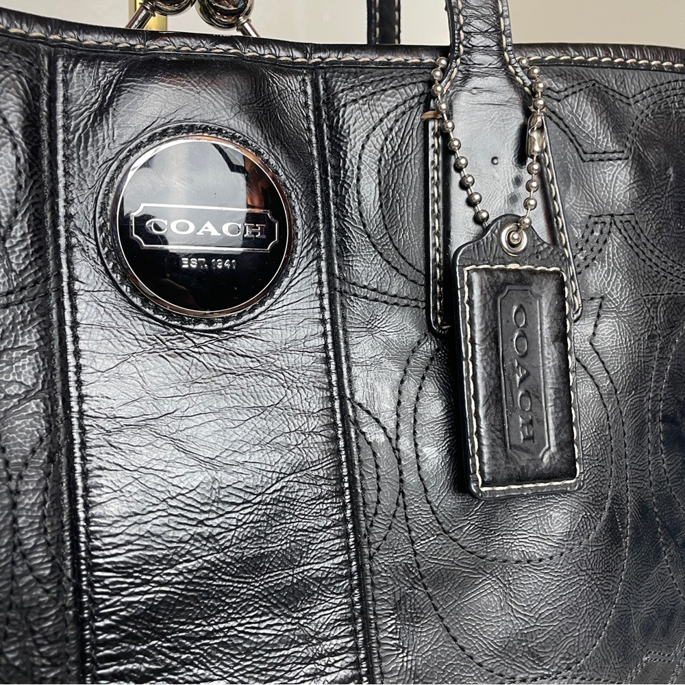 Coach Signature Stitch Leather Framed Kisslock Carryall Black Handbag F15658 - Picture 6 of 14